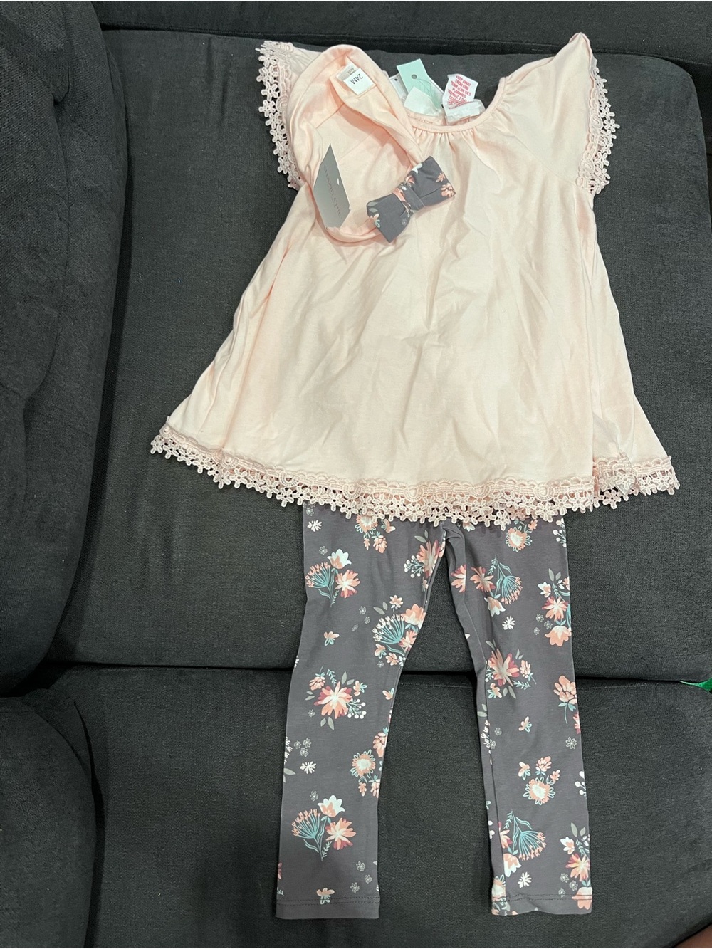 Girls' Pink Lace-Trim Top with Floral Gray Leggings